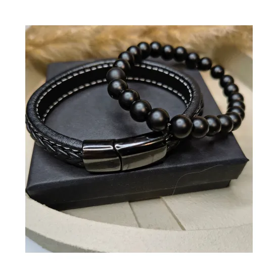 Bransoletka męska czarna talizman amulet ochrona siła + skóra naturalna
